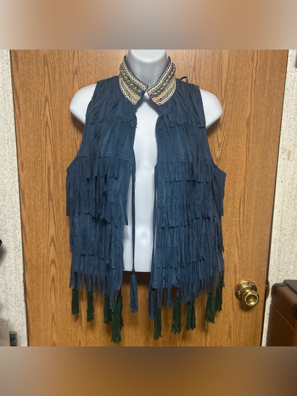 V Cristina Blue/Green Fringed Boho Western Faux Suede Vest - Women’s Size Medium